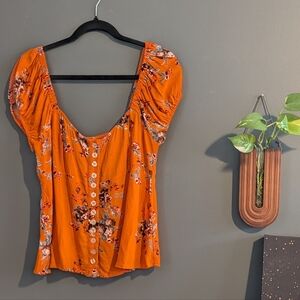 NWT Free People Orange Floral Button-Front Puff Sleeve Top